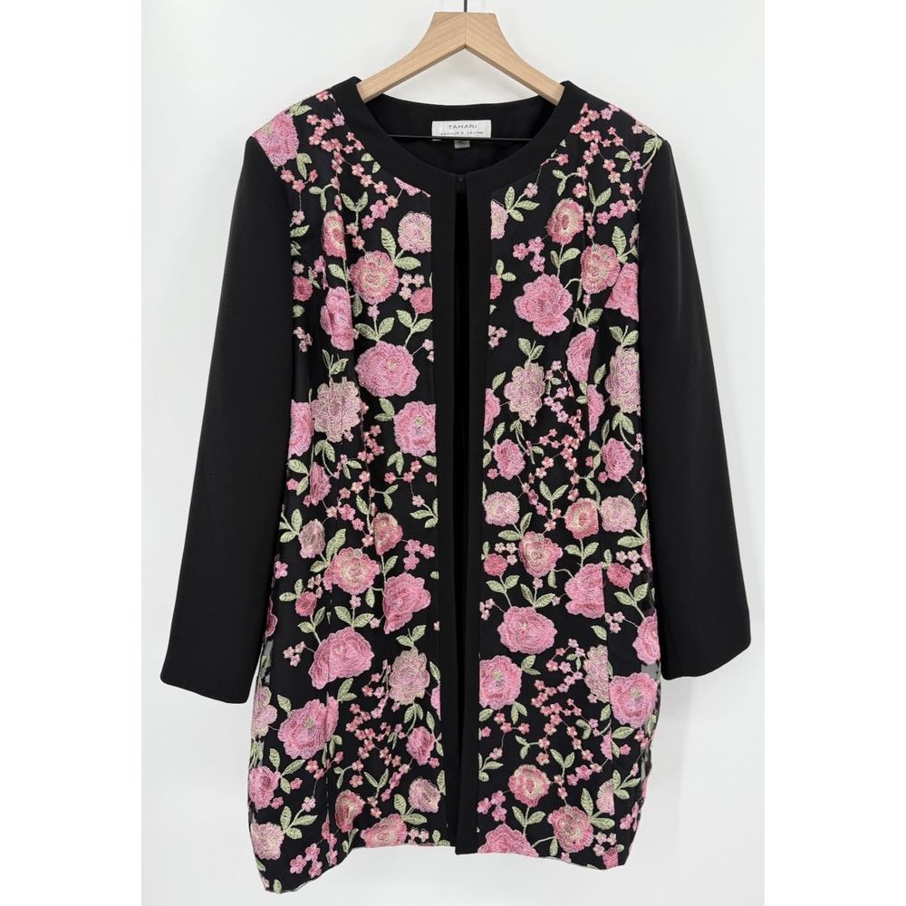 Tahari Levine Jacket Womens 22W Black Pink Floral Long Office‎ Work Career